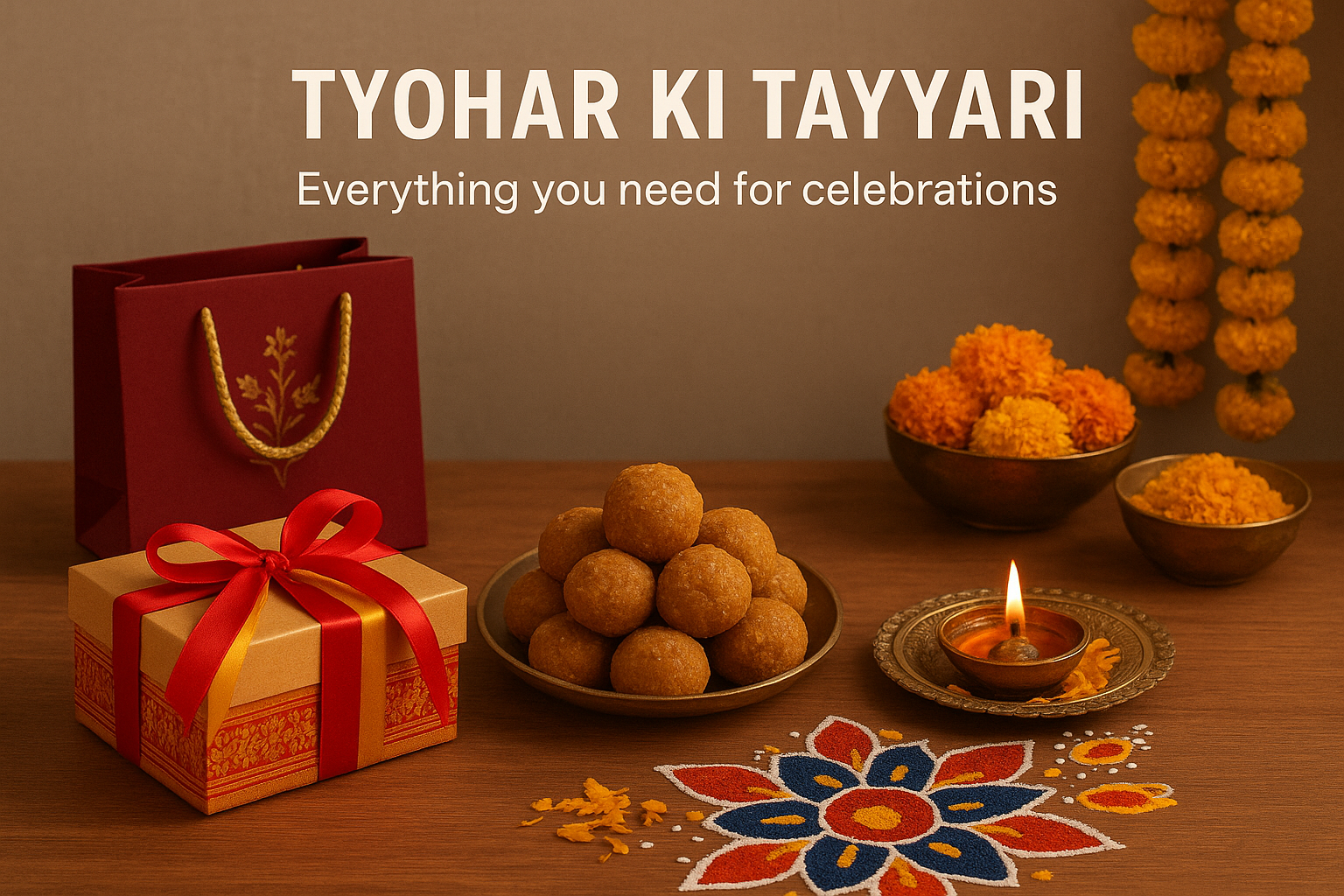 Decorative setup with food, gifts, and lighting for celebrations on a wooden surface.