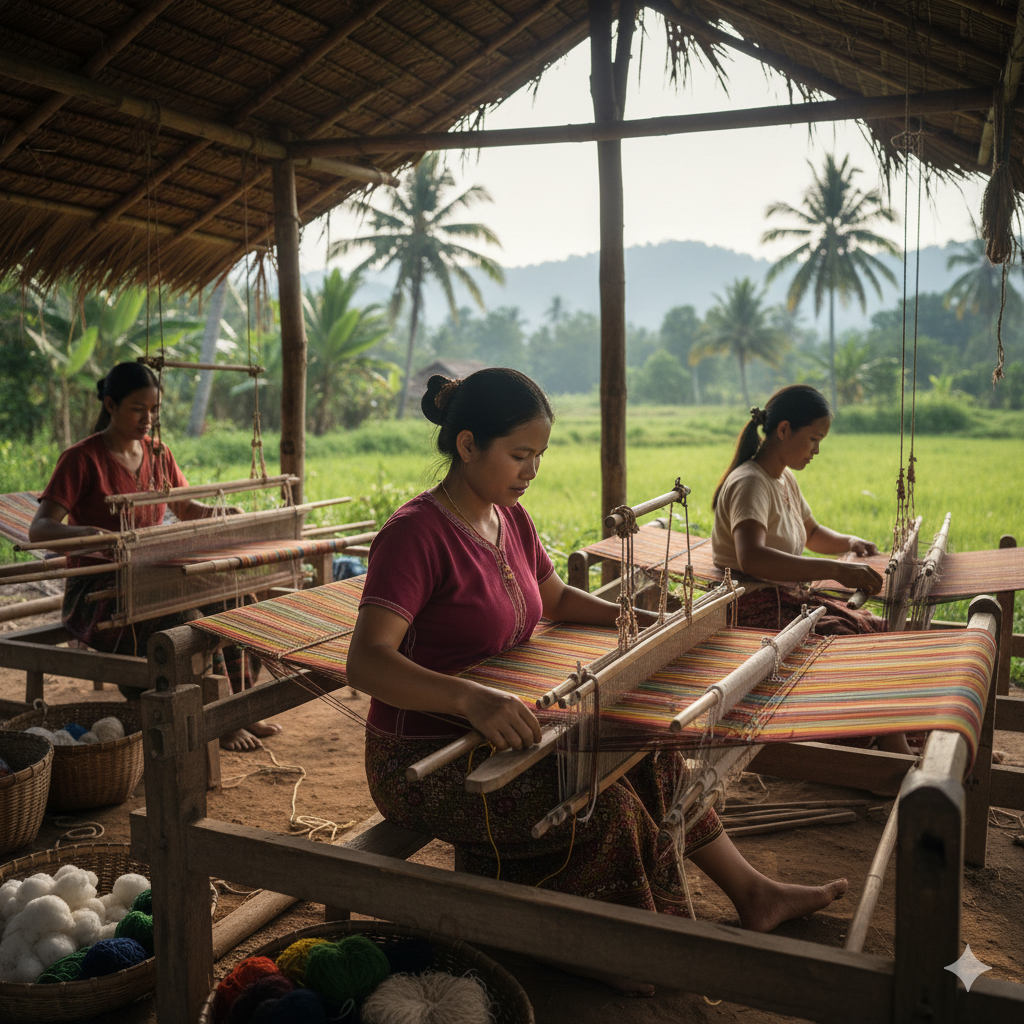 Three women weaving on looms with a scenic background of green fields and palm trees.