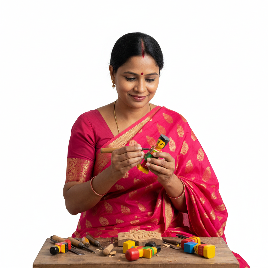 Woman in a pink saree working with colorful wooden toys on a white background