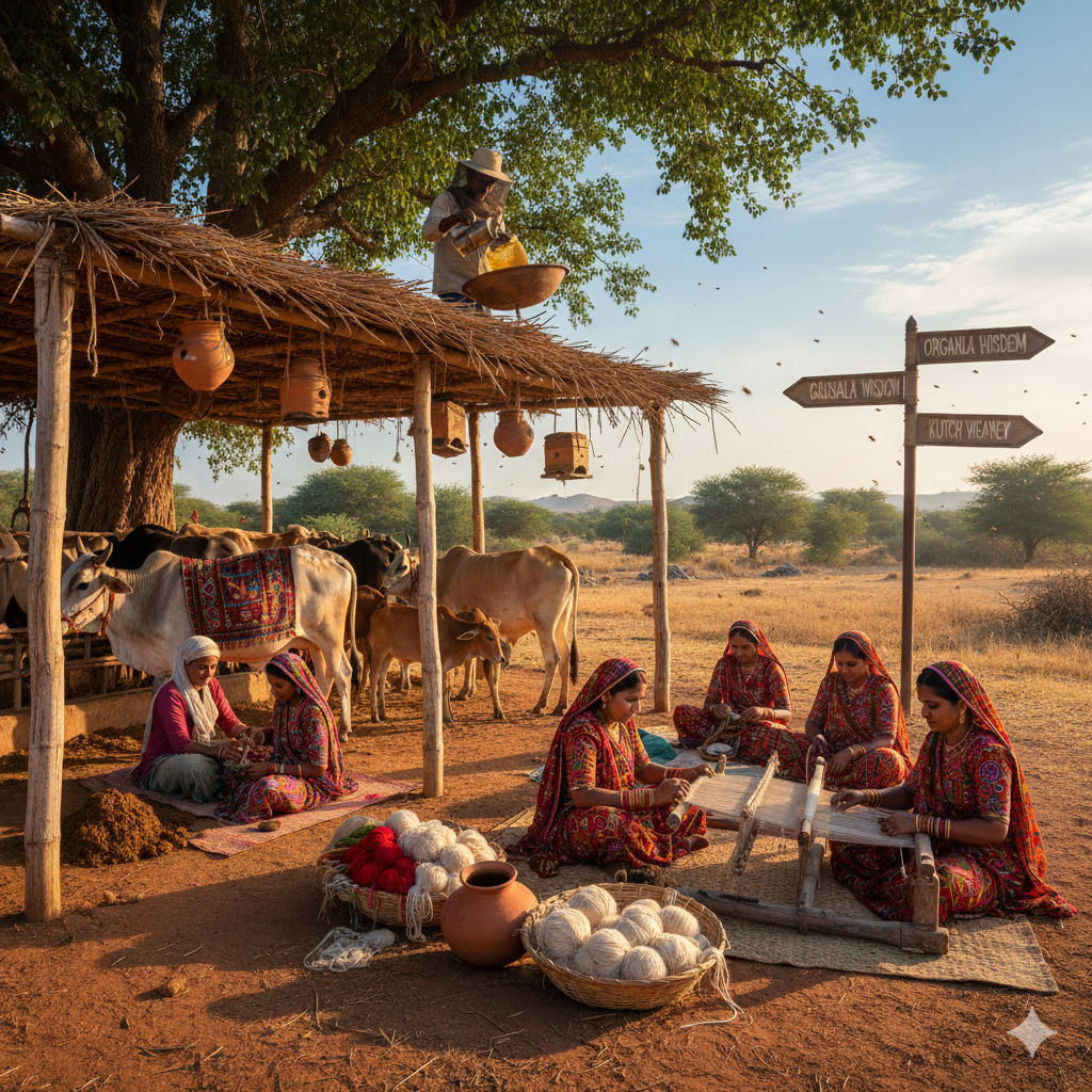 Traditional scene with women weaving under a tree, cows in the background, and a signpost.