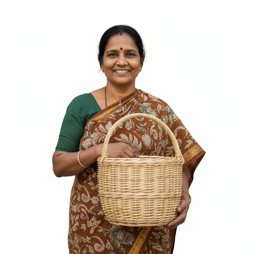 Woman holding a woven basket against a white background