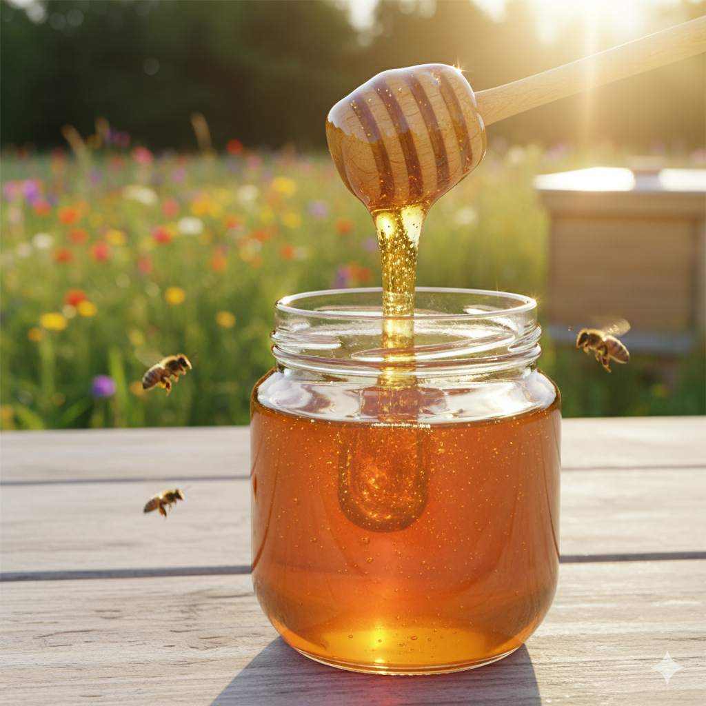 Honey being drizzled from a dipper into a jar with bees and a beehive in the background.