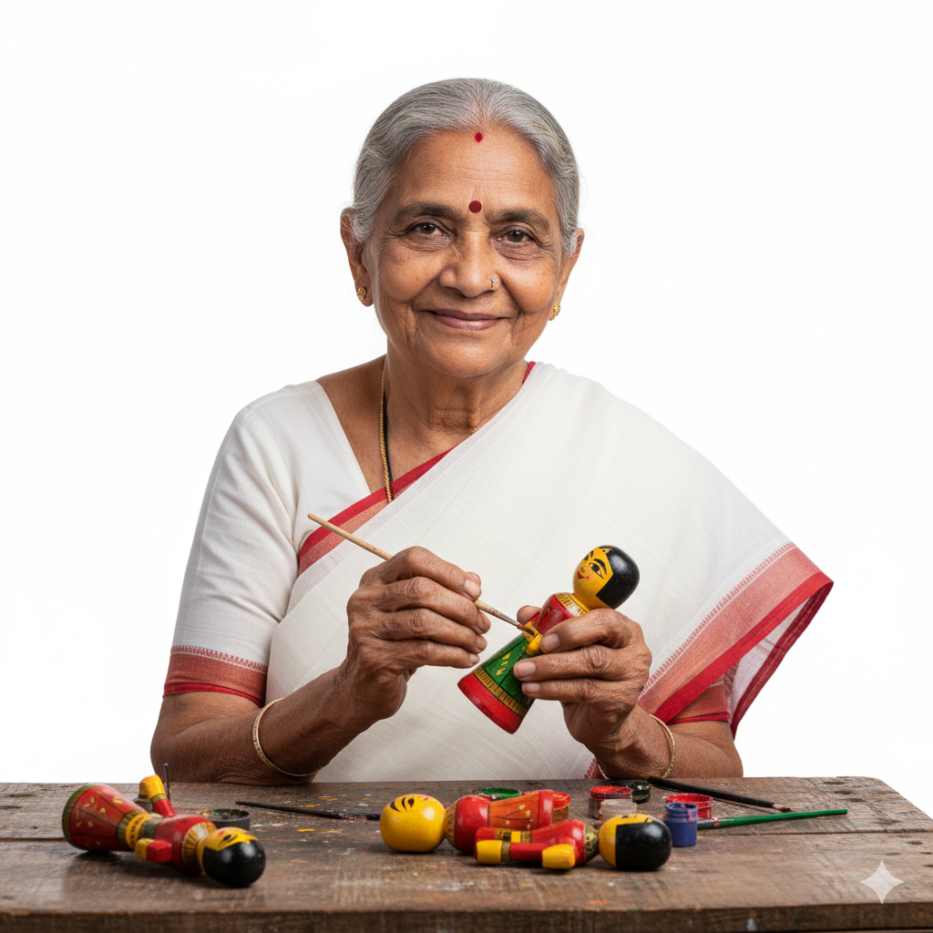 Woman crafting small figurines on a wooden table with a white background