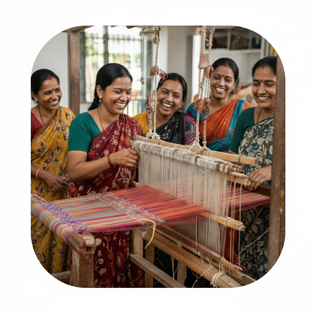 Group of women working together on a traditional weaving loom.