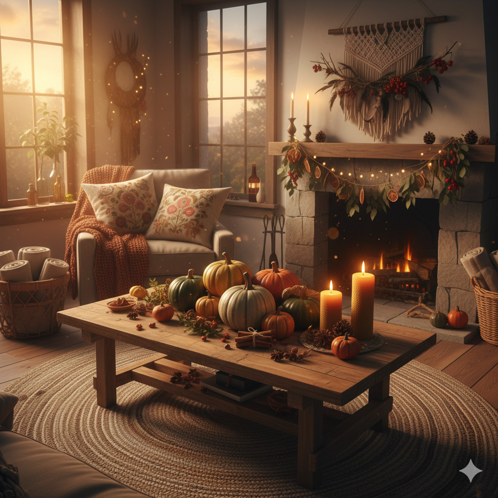 Cozy living room with autumn decorations, pumpkins, and candles.