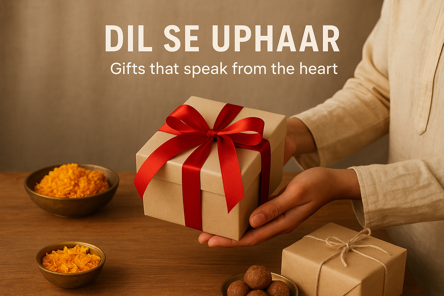 Person holding a gift box with a red ribbon on a wooden table, with text 'DIL SE UPHAAR Gifts that speak from the heart' above.