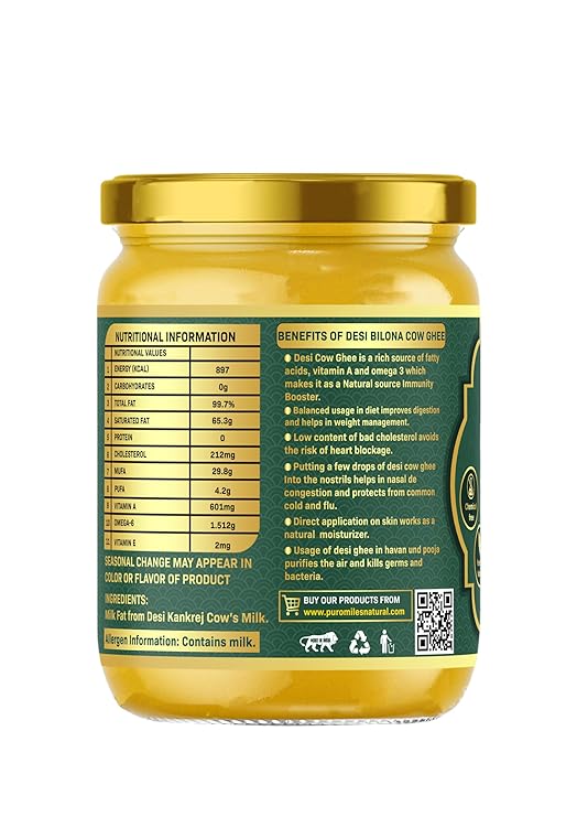 Jar of Desi Ghee with nutritional information and benefits listed on a white background
