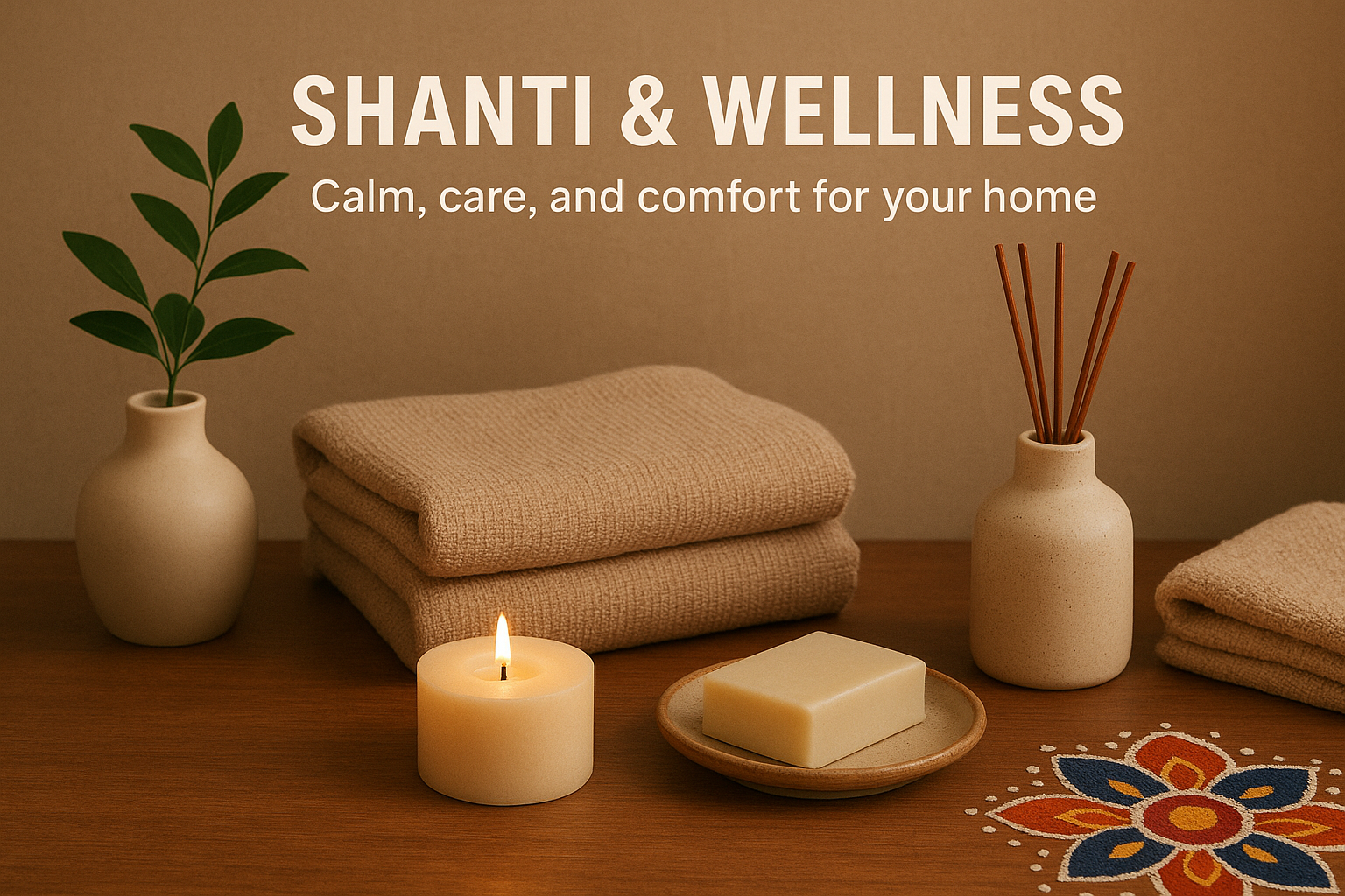 Calm and comforting home setting with towels, candle, soap, and decorative elements on a wooden surface.