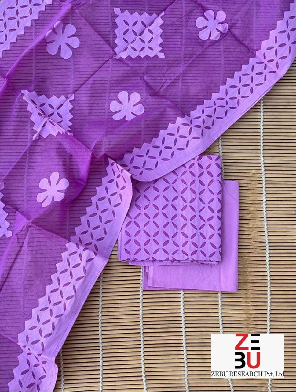 Purple hues:Heritage Appliqué Cotton Suit Set with Organdy Dupatta