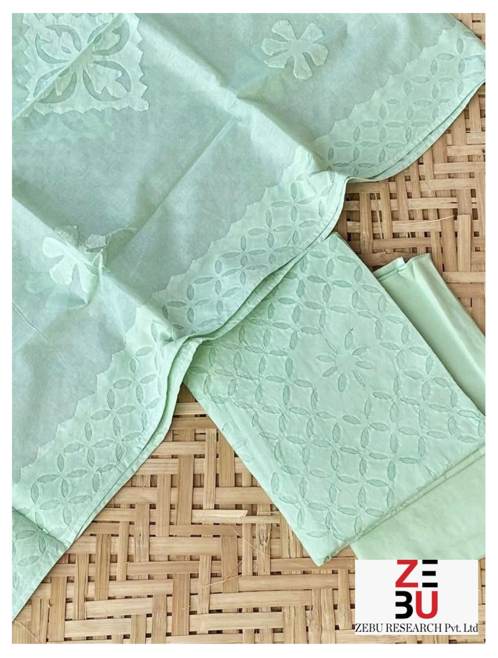 Sky blue hues:Heritage Appliqué Cotton Suit Set with Organdy Dupatta