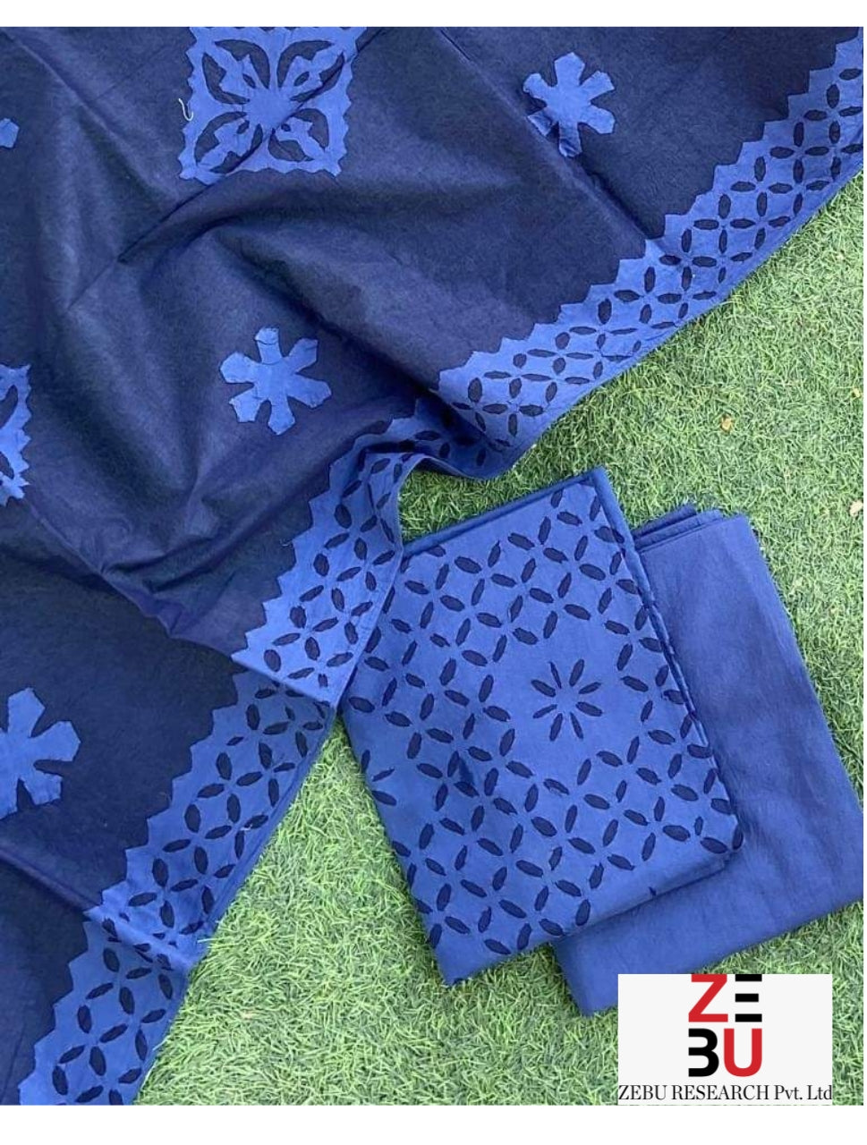 Dark blue hues:Heritage Appliqué Cotton Suit Set with Organdy Dupatta