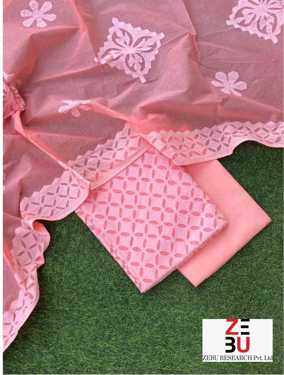 Blush peach hues:Heritage Appliqué Cotton Suit Set with Organdy Dupatta