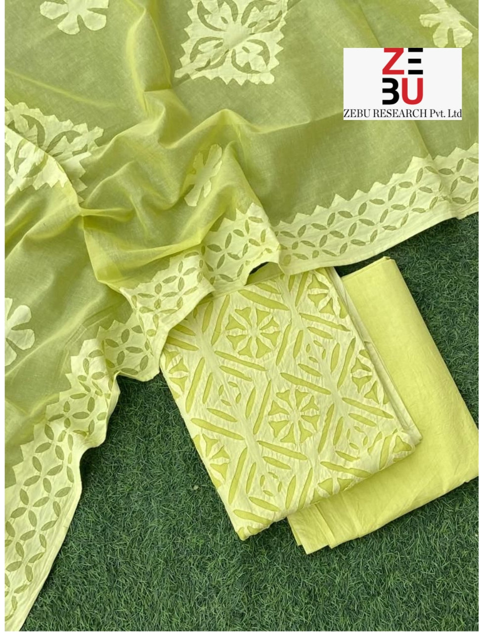 Sunshine hues:Heritage Appliqué Cotton Suit Set with Organdy Dupatta