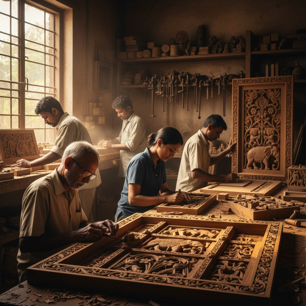 Artisans working on wooden carvings in a workshop with tools and shelves in the background.