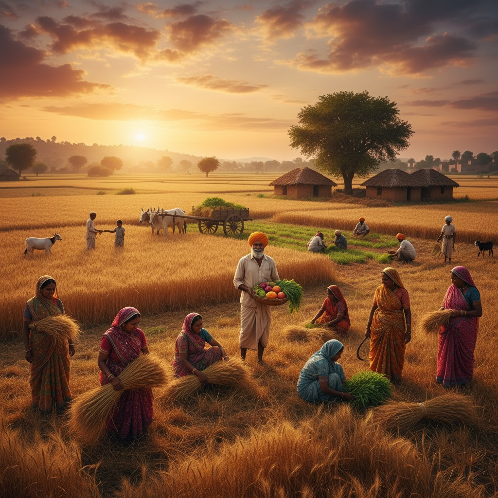 People in traditional attire working in a field with a sunset in the background