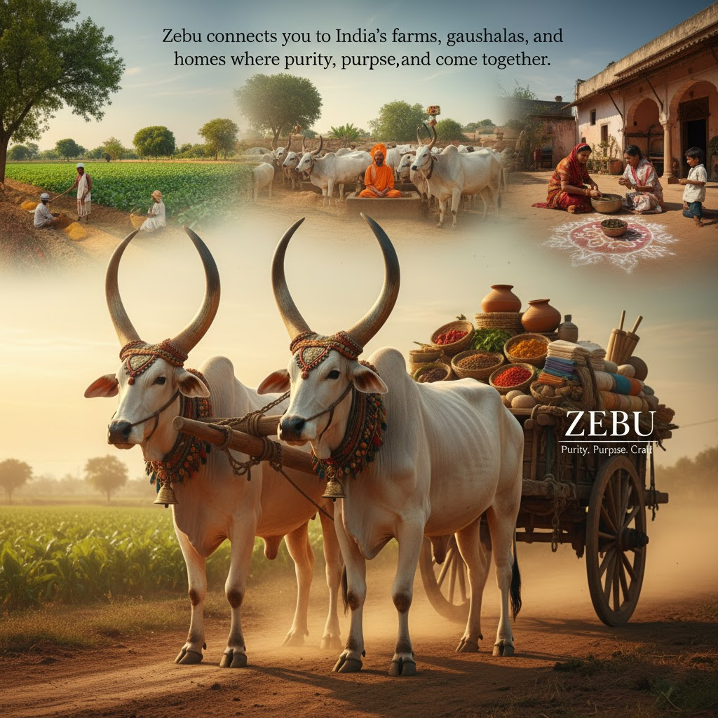 Two decorated Zebu cows pulling a cart with people in a rural setting, featuring the ZEBU brand.